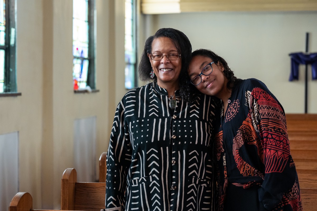 Dr. Norma Thomas and her daughter Dr. Raina León pose for a portrait inside John Wesley AME Zion Church in Uniontown, Pennsylvania. Thomas has spent years collecting documentation of Black history in Fayette County, starting with her own family in nearby Hopwood. Photo: Justin Hayhurst/100 Days in Appalachia