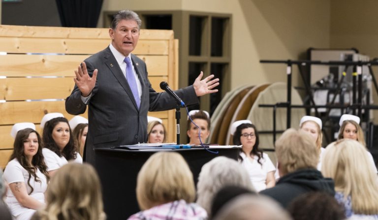 U.S. Sen. Joe Manchin, D-W.Va., speaks at a commencement ceremony for nursing students from West Virginia Junior College on April 20, 2018, at Chestnut Ridge Church, in Morgantown. Photo: Jesse Wright/100 Days in Appalachia