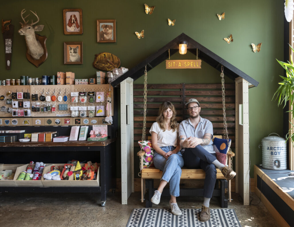 Kin Ship Goods co-founders Hillary Harrison, editor, and Dan Davis, creative director, are photographed at their business on Tuesday, August 1, 2023, in the West Side community of Charleston, West Virginia. Photo: Lexi Browning/100 Days in Appalachia