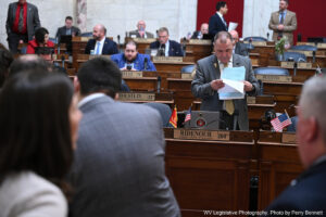Del. Ridenour (R-Jefferson) looks over legislation during the February 26, 2024, morning floor session in the House chamber. Photo: Perry Bennett/West Virginia Legislative Photography