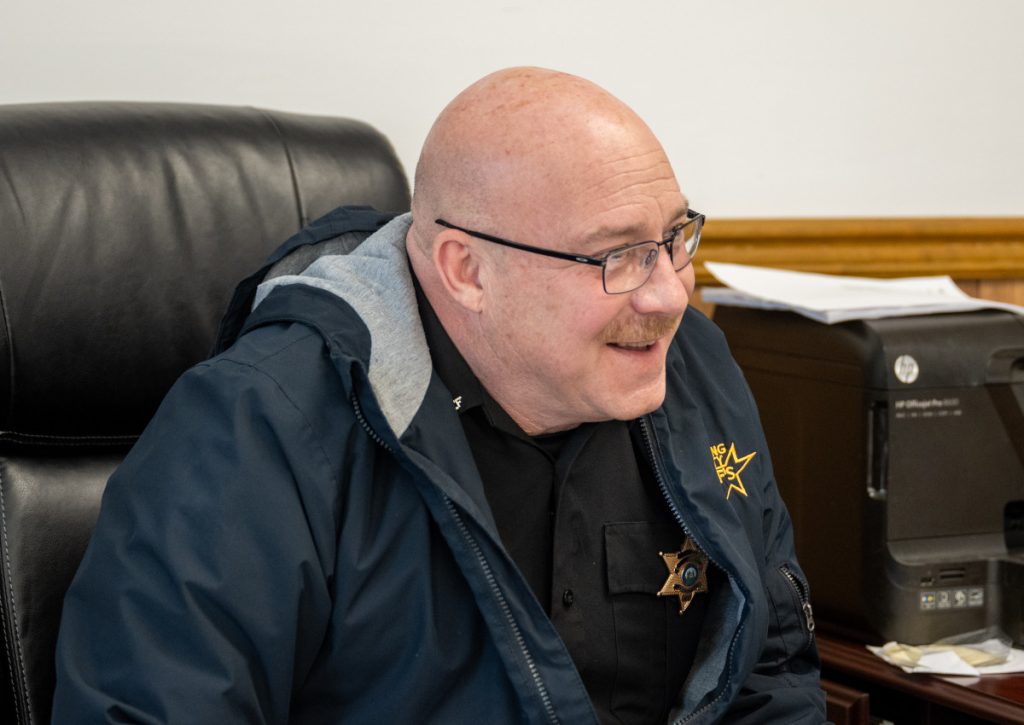 Wyoming County Sheriff Ellison meets with reporters in his office in Pineville, W.Va., on April 15, 2025. Photo by Aidan Cornue/West Virginia University