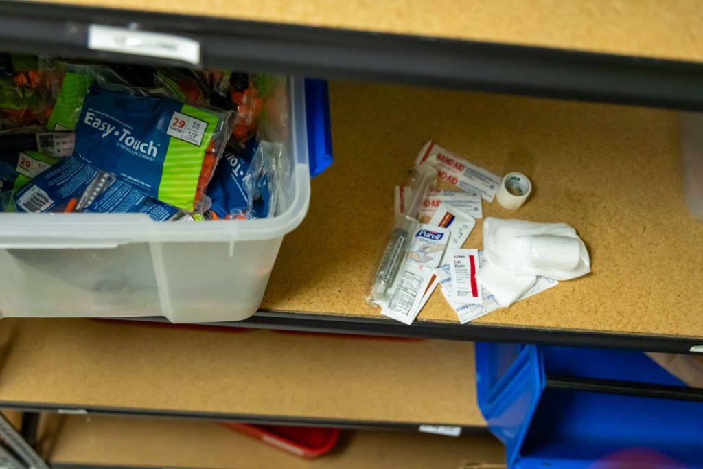 Syringes and a wound care kits are provided by the syringe service program at Milan Puskar Health Right in Morgantown, W.Va. Health Right provides more than 300,000 clean syringes each year. Photo by Ty McClung/West Virginia University